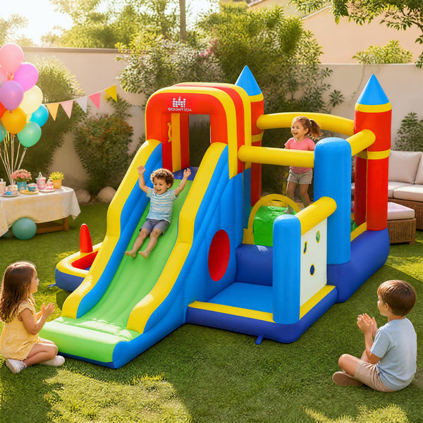 Inflatable Bounce House with 750W Air Blower with SlideSubtitle Climbing Wall and Basketball Hoop for Kid Backyard Indoor Outdoor