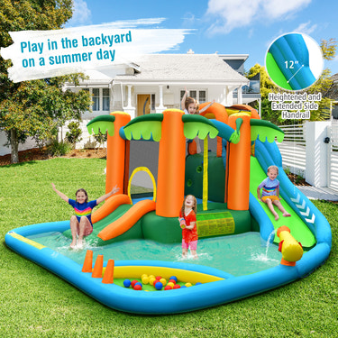 7-in-1 Inflatable Water Slide Park with Trampoline Climbing and 680W Blower