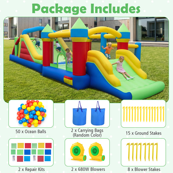 Inflatable Obstacle Course Bounce House with Dual Slides with 2 680W Blower