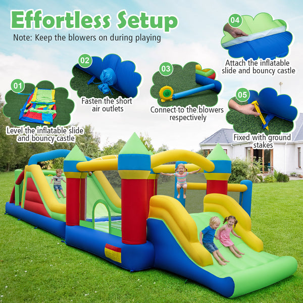 Inflatable Obstacle Course Bounce House with Dual Slides with 2 680W Blower
