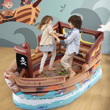 Inflatable Pirate Ship Playhouse with Built-in Motor and Inflatable Toy Sword-Brown