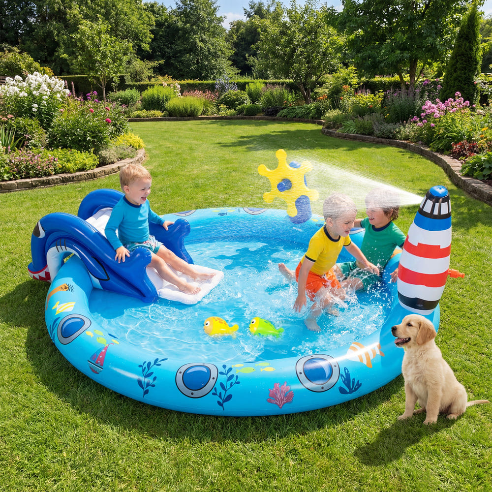 Inflatable Play Center Marine Life Spray Pool with Shark-shaped Slide Lighthouse Sprinkle
