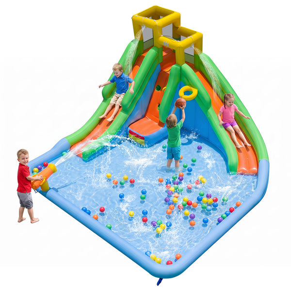 Inflatable Water Slide for Kids with Double Slides with Splash Pool Water Cannon and Basketball Hoop for Backyard Fun