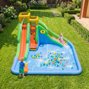 Inflatable Water Slide for Kids with Double Slides with Splash Pool Water Cannon and Basketball Hoop for Backyard Fun
