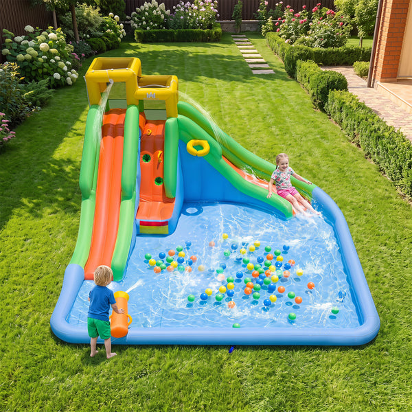 Inflatable Water Slide for Kids with Double Slides with Splash Pool Water Cannon and Basketball Hoop for Backyard Fun