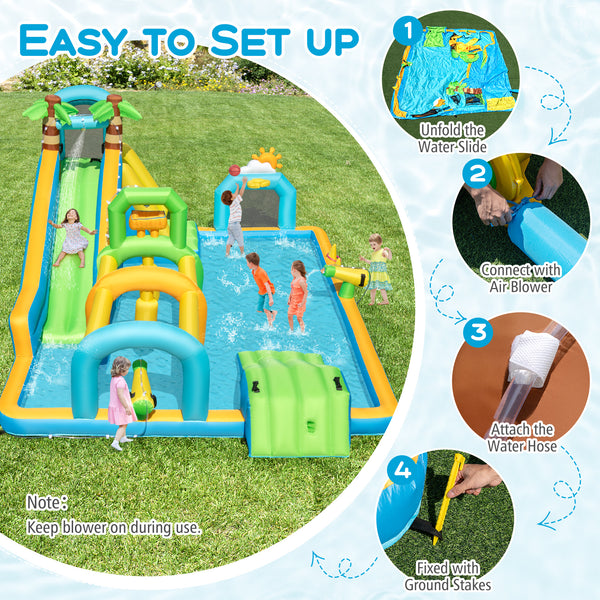 Inflatable Water Slide Tropical Theme Dual Slide Aqua Park with 735W Blower
