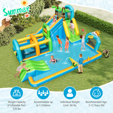 Inflatable Water Slide Tropical Theme Dual Slide Aqua Park with 750W Blower