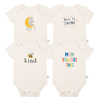 Inspiring 4-pack graphic bodysuit set for babies, plus 1 free, featuring cute designs and soft fabric.