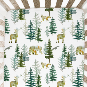 In The Woods Fitted Crib Sheet in a cozy woodland design, perfect for stylish nursery bedding.