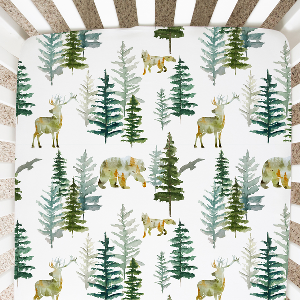 In The Woods Fitted Crib Sheet in a cozy woodland design, perfect for stylish nursery bedding.