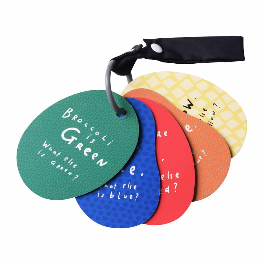 Colorful I See in the Market stroller cards for babies, perfect for sensory play and engagement during outings.