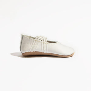 Ivory lace ballet slipper baby shoe, angle 3, perfect for little dancers.