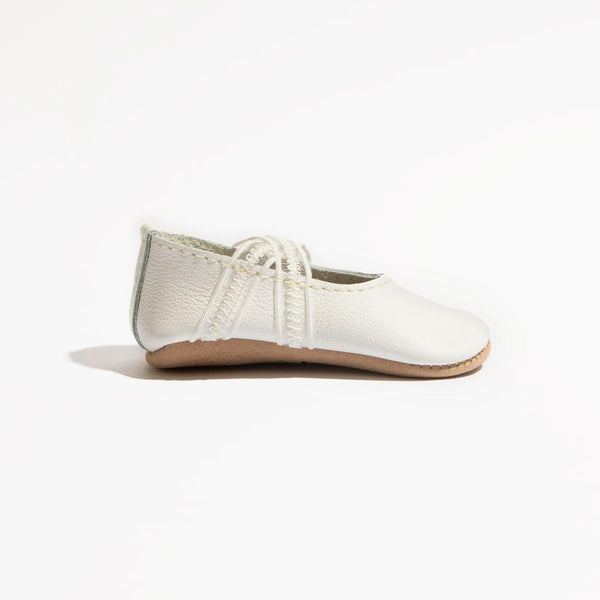 Ivory lace ballet slipper baby shoe, angle 3, perfect for little dancers.