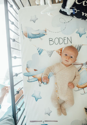 Personalized Crib Sheet | Custom Baby Bedding with Watercolor Airplane Design