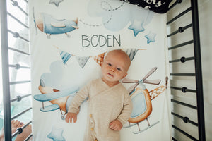 Personalized Crib Sheet | Custom Baby Bedding with Watercolor Airplane Design