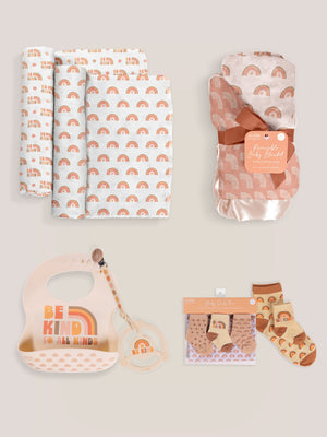 Everyday Essentials Baby Bundle - Be Kind Rainbows, featuring colorful baby items for joyful parenting.