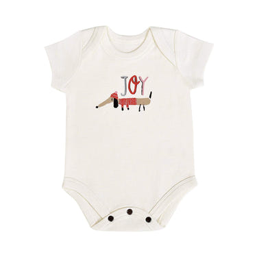Joy dog graphic bodysuit for babies, short sleeve design, perfect for comfort and style.
