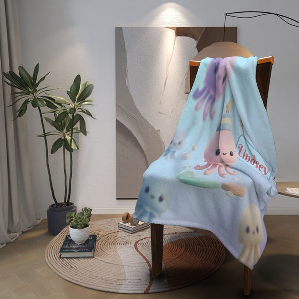 Personalized Kawaii Pink Octopus Blanket | Custom Name | Cute Octopus Throw
