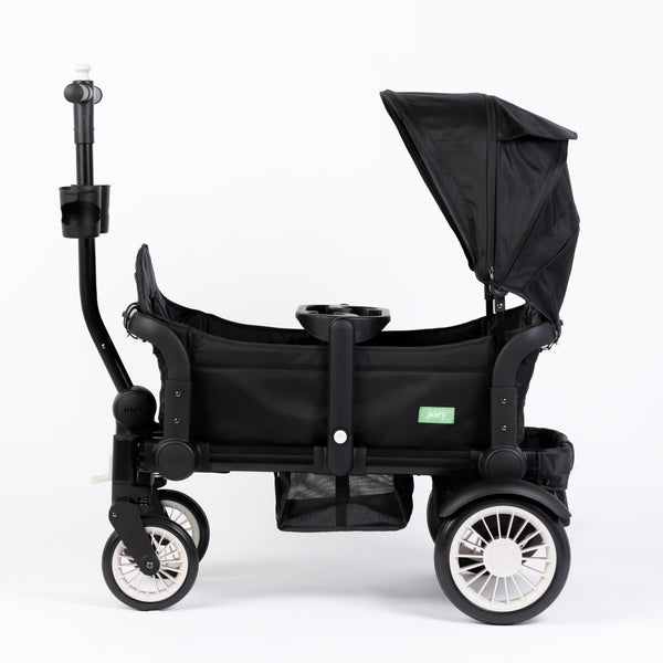 Oversized UV 50+ retractable stroller canopy in Field Trip Black, angled view showcasing its design and sun protection features.