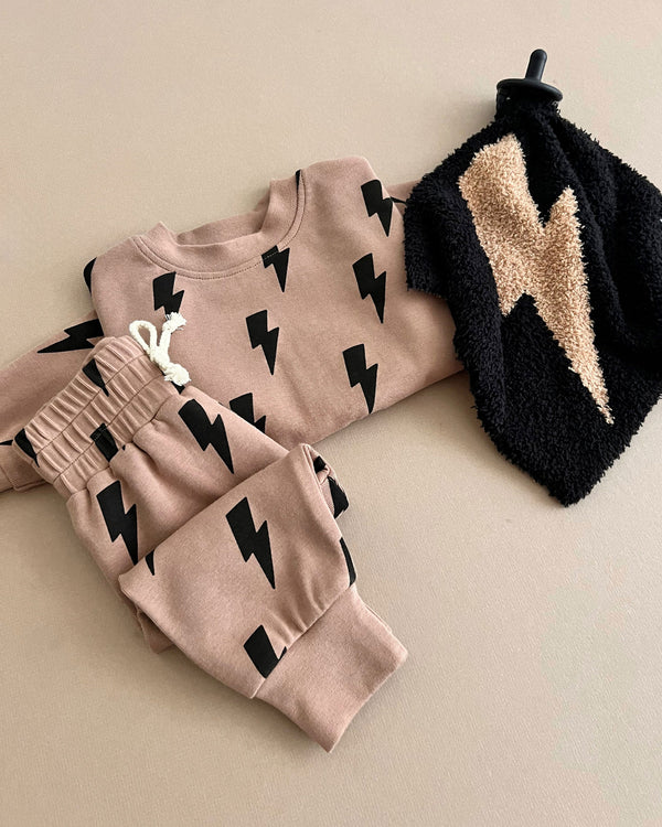Baby jogger set in mocha bolts, stylish and comfortable lounge wear for infants.