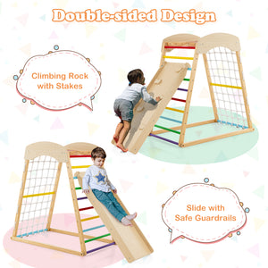 6-in-1 Jungle Gym Wooden Indoor Playground with Double-Sided Ramp and Monkey Bars