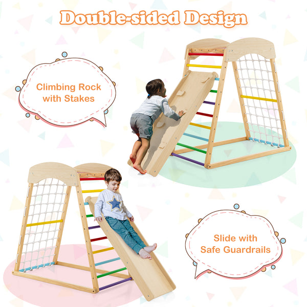 6-in-1 Jungle Gym Wooden Indoor Playground with Double-Sided Ramp and Monkey Bars