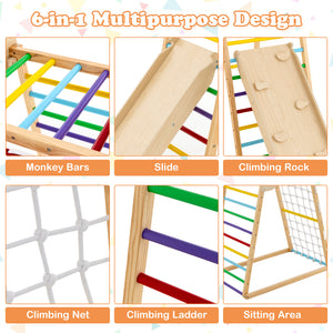 6-in-1 Jungle Gym Wooden Indoor Playground with Double-Sided Ramp and Monkey Bars
