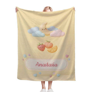 Personalized Pastel Fruit Cloud Blanket | Custom Name | Kawaii Flannel Throw Gift