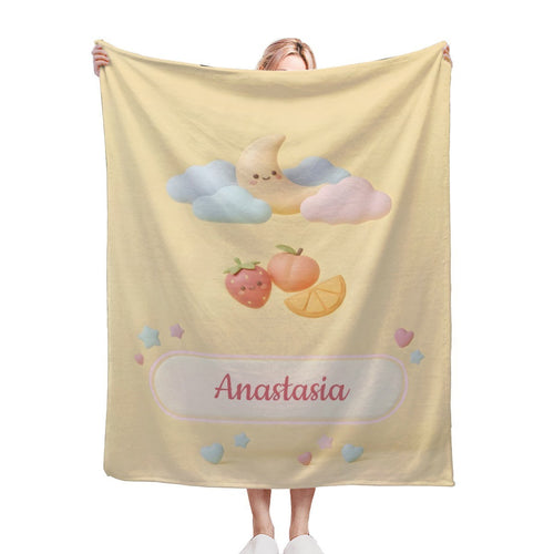 Personalized Pastel Fruit Cloud Blanket | Custom Name | Kawaii Flannel Throw Gift