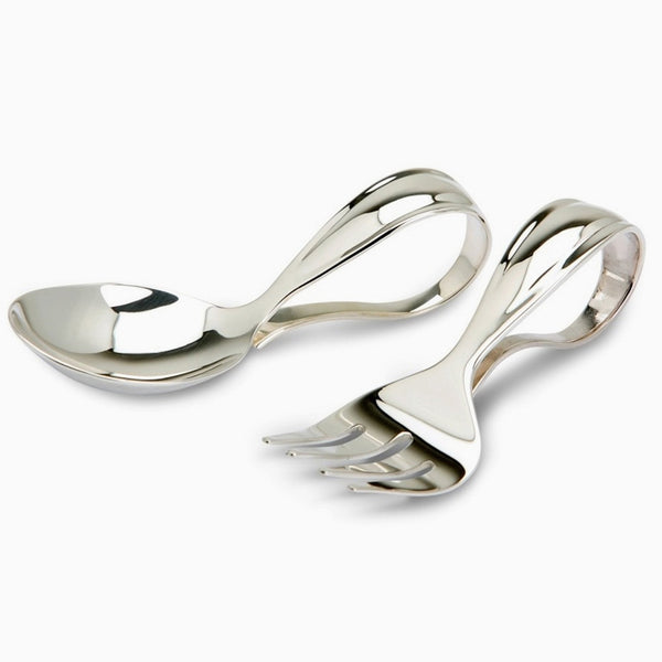 Bent Curved Sterling Silver Baby Spoon & Fork Set by Krysaliis