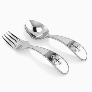 Sterling Silver Beaded Cross Baby Spoon & Fork Set by Krysaliis