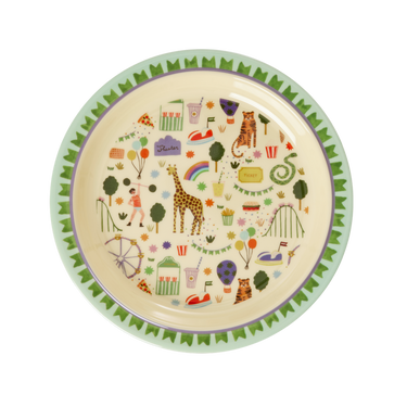 Melamine kids plate in Fun Fair Mint print, perfect for mealtime fun and durability. Ideal for toddlers and children.