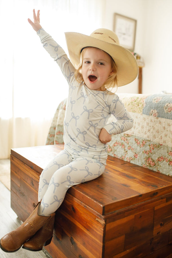 Blue Belle 2pc ribbed bamboo pajamas for babies, featuring a soft and cozy design in a charming blue color.