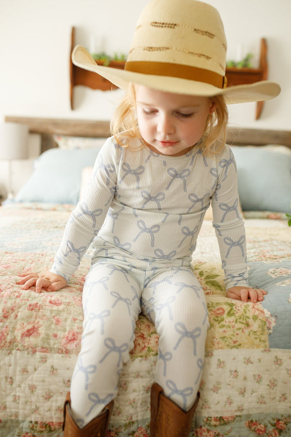 Blue Belle 2pc ribbed bamboo pajamas for babies, shown at angle 11, soft and stylish sleepwear for comfort.