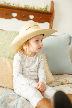 Blue Belle 2pc ribbed bamboo pajamas for babies, soft and cozy sleepsuit set in a stylish angle view.