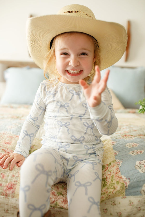 Blue Belle 2pc ribbed bamboo pajamas for babies, soft and cozy sleepsuit set in a charming blue color.