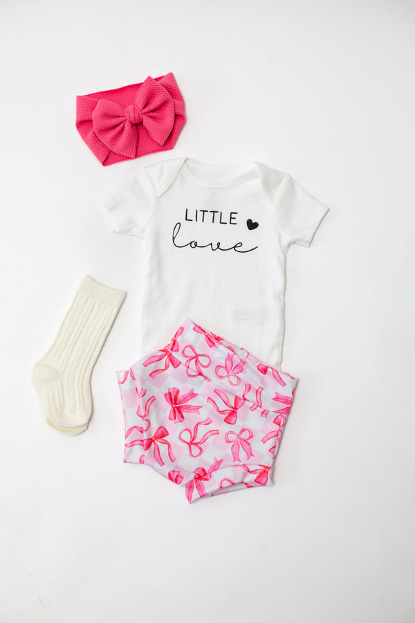 Little Love Valentine Pink Bow Bummies Set for babies, showcasing a cute two-piece outfit from angle 3.