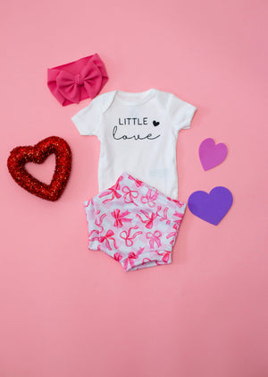 Little Love Valentine Pink Bow Bummies Set for babies, featuring a cute design in a two-piece bundle.