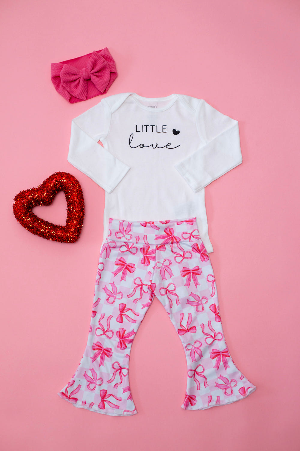 Little Love Pink Bows Valentine's Day Bell Bottom Outfit for babies, featuring a cute two-piece set.