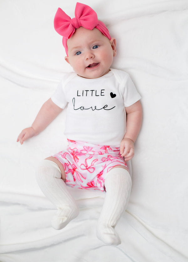 Little Love Valentine Pink Bow Bummies Set for babies, featuring a cute bow design, perfect for stylish outfits.