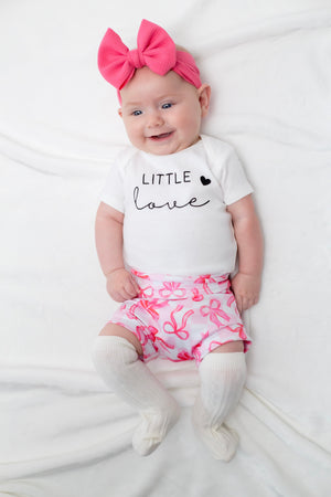 Little Love Valentine Pink Bow Bummies Set for babies, featuring a cute two-piece design perfect for Valentine's Day.