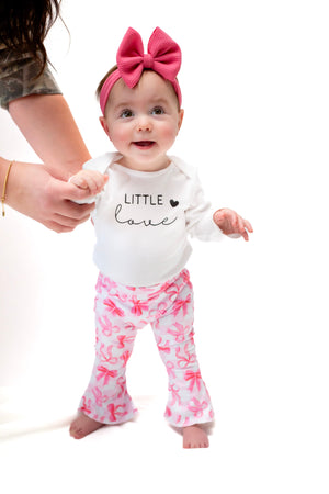 Little Love Pink Bows Valentine's Day bell bottom outfit for babies, featuring a stylish two-piece set.