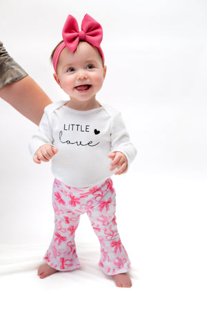 Little Love Pink Bows Valentine's Day Bell Bottom Outfit for babies, featuring a cute two-piece set.
