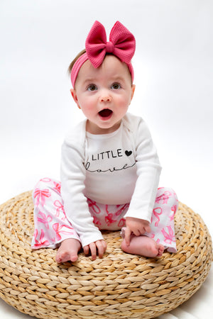 Little Love Pink Bows Valentine's Day bell bottom outfit for babies, two-piece set, stylish and festive.