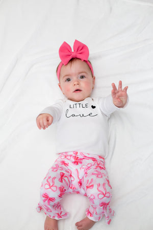 Little Love Pink Bows Valentine's Day bell bottom outfit for babies, showcasing a stylish two-piece set at angle 4.