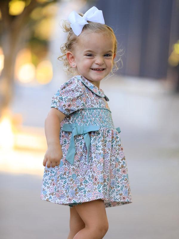 Sage Green Floral Smocked Girl Bloomer Set
