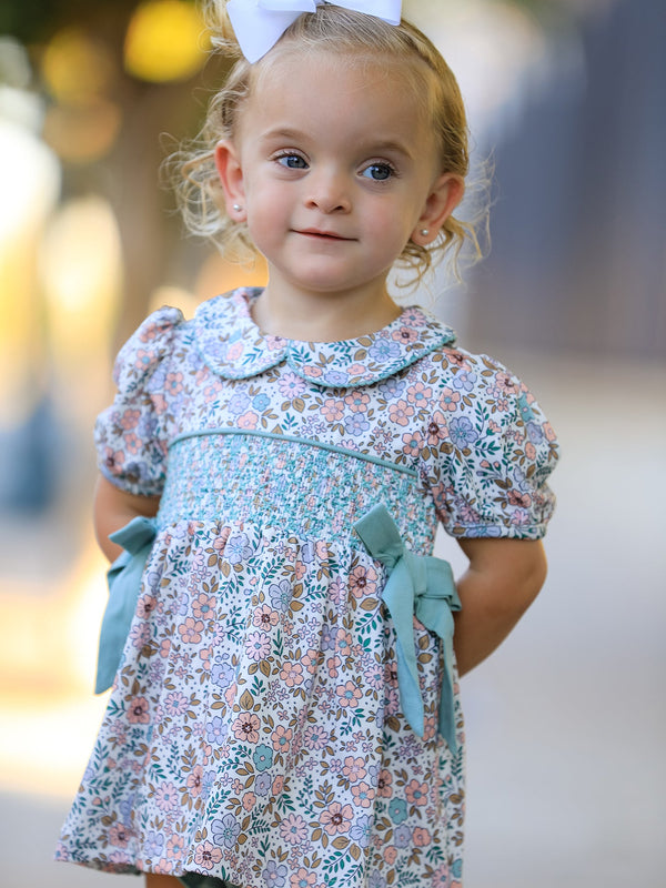 Sage Green Floral Smocked Girl Bloomer Set