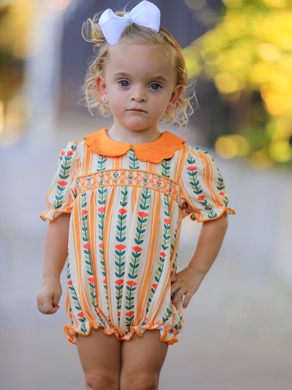 Fall Floral Stripe Baby Girls Romper Petals Collar Smocked