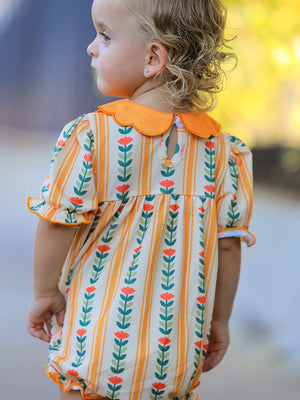 Fall Floral Stripe Baby Girls Romper Petals Collar Smocked