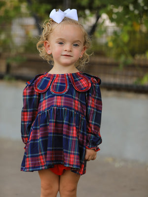 Fall Plaid Girl Set Petal Collar Puff Sleeve Bloomer